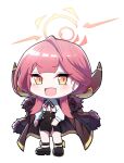  1girl aru_(blue_archive) black_footwear black_skirt blue_archive blush brown_coat brown_horns chibi coat coat_on_shoulders collared_shirt demon_horns full_body fur-trimmed_coat fur_trim halo highres horns kirigakure_(iroiro_tsukauyo) long_hair looking_at_viewer neck_ribbon open_mouth pink_hair pink_halo red_ribbon ribbon shirt shoes simple_background skirt smile solo white_background white_shirt yellow_eyes 