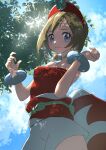 1girl blonde_hair blue_eyes blue_sky closed_mouth cloud commentary_request eyelashes from_below highres irida_(pokemon) looking_at_viewer medium_hair mikan_(mikan_no_happa) pokemon pokemon_legends:_arceus red_shirt shirt shorts sky smile solo strapless strapless_shirt sunlight white_shorts 