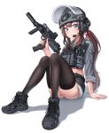  1girl absurdres ass black_footwear black_shorts black_thighhighs brown_hair chest_rig combat_helmet commentary_request commission denim denim_shorts english_commentary fur-trimmed_shorts fur_trim green_eyes grey_shirt gun h&amp;k_mp7 helmet highres kzm_(sub-moa_works) long_hair looking_at_viewer mixed-language_commentary open_mouth original shadow shirt shoes shorts simple_background sitting skeb_commission sneakers solo stomach submachine_gun termichan_(not-a-bot) thighhighs trigger_discipline visor_(armor) weapon white_background 