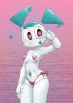  &lt;3 &lt;3_eyes 2019 4_fingers absurd_res blue_hair breasts clothed clothing digital_media_(artwork) female hair hi_res humanoid itimu jenny_wakeman machine my_life_as_a_teenage_robot navel nickelodeon nipple_tape pasties pose robot simple_background skimpy smile solo sr standing sweat tape teasing thong tongue tongue_out white_skin 