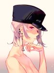 bare_shoulders black_hat breasts chainsaw_man closed_mouth earrings fami_(chainsaw_man) hand_on_own_chin highres jewelry looking_at_viewer looking_down medium_hair nude pink_eyes pink_hair reinene tassel tassel_earrings topless 