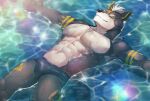  1boy abs afloat animal_ears bara black_fur bulge dog_boy dog_ears furry furry_male happy highres large_pectorals male_focus muscular muscular_male navel neumo original pectorals short_hair solo spread_legs stomach thick_eyebrows topless_male wet 