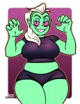 5_fingers alien alien_humanoid anthro big_breasts bottomwear breasts clothed clothing disney female fingers freckles funwithjoe green_body green_skin grin hair half-closed_eyes humanoid humanoid_pointy_ears long_hair looking_at_viewer lord_dominator midriff narrowed_eyes noseless not_furry pink_sclera portrait signature smile solo standing thick_thighs three-quarter_portrait topwear wander_over_yonder white_hair wide_hips