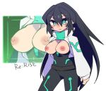  1girl black_hair black_pants breasts breasts_out cannsk cowboy_shot expressionless green_eyes gundam gundam_build_divers gundam_build_divers_re:rise hair_between_eyes inverted_nipples large_breasts long_hair may_(gundam_build_divers_re:rise) pants shrug_(clothing) sleeves_past_wrists solo very_long_hair white_shrug zoom_layer 