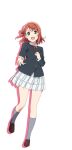  1girl black_jacket brown_footwear collared_shirt full_body green_eyes grey_socks hair_bun hair_ornament hairclip jacket kneehighs loafers long_sleeves looking_at_viewer love_live! love_live!_nijigasaki_high_school_idol_club neck_ribbon nijigasaki_academy_school_uniform official_art open_mouth plaid plaid_skirt pleated_skirt reaching reaching_towards_viewer red_hair red_ribbon ribbon school_uniform shirt shoes single_side_bun skirt socks solo standing standing_on_one_leg transparent_background uehara_ayumu white_shirt white_skirt winter_uniform 