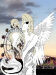  1girl angel_wings black_eyes blonde_hair cowboy_shot dress empty_eyes feathered_wings highres long_hair looking_at_viewer mochu_(aoishikabane) original parted_lips photo_background solo standing swirl very_long_hair white_dress white_wings wings 