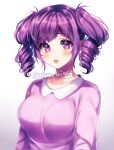 1girl arms_at_sides artist_name blush breasts collarbone collared_shirt drill_hair english_commentary gradient_background grey_background kokona_haruka_(yandere_simulator) large_breasts lips long_sleeves looking_at_viewer medium_hair open_mouth pink_shirt purple_eyes purple_hair sasucchi95 shirt teeth twin_drills upper_body upper_teeth_only white_background yandere_simulator 