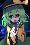  1girl black_hat blouse bow buttons diamond_button eyeball frilled_shirt_collar frilled_sleeves frills fuua_(fxae3875) green_eyes green_hair green_skirt hat hat_bow hat_ribbon heart heart_of_string holding holding_knife holding_weapon knife komeiji_koishi open_mouth ribbon shirt skirt solo third_eye touhou upper_body weapon wide_sleeves yellow_bow yellow_ribbon yellow_shirt 