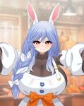  1girl absurdres animal_ear_fluff animal_ears black_bodysuit blue_hair blurry blurry_background blush bodysuit braid braided_ponytail breasts closed_mouth detached_sleeves dress gradient_hair highres hololive huge_breasts indoors long_hair looking_at_viewer mature_female multicolored_hair outstretched_arms pekomama pinafore_dress rabbit-shaped_pupils rabbit_ears rabbit_girl short_eyebrows sleeveless sleeveless_dress smile solo symbol-shaped_pupils the_only_shoe thick_eyebrows upper_body virtual_youtuber white_dress white_hair 