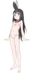  1girl animal_ears bare_arms bare_legs bare_shoulders barefoot bikini black_hair blue_eyes bow bowtie detached_collar flat_chest front-tie_bikini_top front-tie_top full_body highres light_blush long_hair looking_at_viewer navel notice_lines original rabbit_ears rabbit_girl red_bow red_bowtie saiste side-tie_bikini_bottom simple_background smile solo standing stomach string_bikini swimsuit white_background white_bikini 