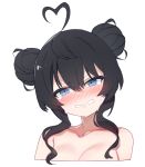  1girl ahoge aningay black_hair blue_eyes blush breasts collarbone cropped_torso crying crying_with_eyes_open double_bun hair_between_eyes hair_bun head_tilt heart heart_ahoge highres long_hair medium_breasts nose_blush nude original simple_background solo tears upper_body white_background 