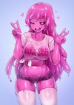  &lt;3 &lt;3_eyes 2019 black_sclera blush bottomwear breasts clothing digital_media_(artwork) female gesture goo_creature hair hi_res humanoid iwbitu long_hair navel not_furry open_mouth pink_hair shorts simple_background smile solo text v_sign wet wet_clothing 