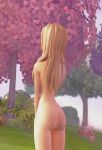  1girl ass back blonde_hair completely_nude forest garden hair_over_breasts highres long_hair nature nude outdoors own_hands_clasped own_hands_together pale_skin plant tree 