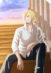  1boy black_eyes black_pants blonde_hair clenched_teeth commentary_request curly_eyebrows english_commentary evening facial_hair goatee hair_over_one_eye highres long_sleeves male_focus mixed-language_commentary oda_eiichirou official_art one_eye_covered one_piece outdoors pants sanji_(one_piece) shirt short_hair smile solo teeth white_shirt 