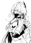  1girl absurdres acheron_(honkai:_star_rail) black_choker black_gloves choker covering_another&#039;s_mouth detached_sleeves disembodied_limb gloves hair_over_one_eye hand_over_another&#039;s_mouth highres honkai:_star_rail honkai_(series) long_hair midriff molestation monochrome navel sen_jin_chen single_bare_shoulder solo stomach sweat white_background 