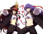  belt black_hair black_hat black_jacket black_pants blue_eyes blush breasts echo_(circa) fate/grand_order fate_(series) gloves hat headband jacket large_breasts long_hair long_sleeves looking_at_viewer martha_(fate) navel oda_nobunaga_(fate) oda_uri open_clothes open_jacket open_mouth outstretched_arm pants peaked_cap purple_hair red_eyes sarashi small_breasts smile white_gloves 