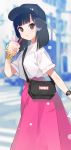  1girl aihara_shouta bag bangs black_hair blouse blunt_bangs blush bubble_tea casual drink drinking_straw eyebrows_visible_through_hair flat_cap hat highres looking_at_viewer marvel medium_hair original short_sleeves skirt solo watch 