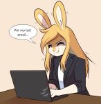 anthro blonde_hair breasts brown_table clothed clothing computer electronics eyes_closed female formal_clothing fully_clothed fur furniture hair hi_res lagomorph laptop leporid long_hair magicalbun mammal rabbit rabbit_ears simple_background solo solo_focus speech_bubble sunny_(magicalbun) table topwear typing white_body white_fur yellow_body yellow_fur