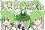  &gt;_&lt; 1girl :3 adapted_costume alternate_hairstyle arms_up black_footwear blush_stickers border closed_eyes closed_mouth collared_shirt crying crying_with_eyes_open curtsey dual_persona expressions fingernails frilled_skirt frilled_socks frills gomennasai green_hair green_skirt grey_background hand_on_own_chin handkerchief hands_up highres holding holding_handkerchief holding_umbrella long_hair long_sleeves looking_at_viewer multiple_views open_mouth outline outside_border own_hands_together shirt shoes short_sleeves skirt skirt_hold smile socks suspender_skirt suspenders tears umbrella voicevox white_border white_outline white_shirt white_socks yellow_eyes zundamon 
