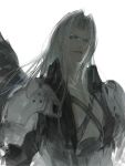  1boy armor belt black_coat black_wings chest_strap coat commentary dark evil_smile feathered_wings final_fantasy final_fantasy_vii final_fantasy_vii_remake green_eyes grey_hair high_collar highres kebory long_bangs long_hair male_focus open_clothes open_coat parted_bangs parted_lips pauldrons sephiroth shoulder_armor single_wing slit_pupils smile solo upper_body white_background wings 