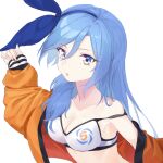  1girl bae_minah_(chaesu) bare_shoulders bikini blue_hair breasts cleavage coffeekite collarbone gradient_eyes hairband jacket light_blue_hair long_hair long_sleeves looking_at_viewer medium_breasts multicolored_eyes off_shoulder open_clothes open_jacket open_mouth orange_jacket original purple_eyes solo swimsuit white_bikini yellow_eyes 