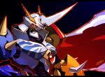  armor artist_name black_background cape chest_jewel digimon gradient_background horns multiple_heads omegamon red_cape robot shoulder_armor solo spikes tomycase two-sided_cape two-sided_fabric upper_body white_cape yellow_eyes 