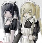  2girls :&lt; apron black_dress black_eyes black_hair blonde_hair blush breasts closed_mouth dress giv_81 highres holding long_hair long_sleeves maid maid_apron maid_headdress multiple_girls open_mouth original outdoors short_sleeves sidelocks small_breasts snow snowing twintails twitter_username white_apron yellow_eyes 