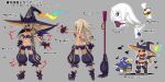  1girl ass back black_footwear black_sclera black_wings braid breasts broom butt_crack chibi colored_sclera dark_persona dark_skin demon_wings disgaea disgaea_rpg earrings full_body grey_background hat jewelry large_breasts light_brown_hair long_hair metallica_(majo_to_hyakkihei) multiple_views navel non-web_source official_art outstretched_arm photoshop_(medium) pointy_ears pointy_footwear prinny profile red_eyes reference_sheet ring simple_background standing strapless sweat text_focus translation_request turnaround twin_braids wide_brim wings witch witch_hat wrist_cuffs 