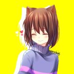  1other animal_ears arms_at_sides artist_name blue_hair blue_sweater blush brown_hair cat_ears closed_eyes closed_mouth colored_inner_hair facing_ahead frisk_(undertale) heart multicolored_hair pink_sweater sasucchi95 short_hair smile solo striped_clothes striped_sweater sweater undertale upper_body yellow_background 