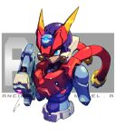  1boy amputee android armor black_helmet blue_eyes cable character_name dark-skinned_male dark_skin double_amputee energy_gun glowing glowing_eyes grey_(mega_man) highres mega_man_(series) mega_man_zx mega_man_zx_advent model_a_(mega_man) red_armor red_helmet scar scar_on_face shaded_face simple_background solo tomycase upper_body weapon white_background 