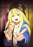 1girl absurdres black_hat blonde_hair blue_eyes blue_hair blue_jacket chou_(danny8461) coffee_cup cup disposable_cup drinking_straw highres holding holding_cup jacket long_hair long_sleeves looking_at_viewer multicolored_hair open_mouth solo stone_wall two-tone_hair upper_body very_long_hair yamanouchi_kano yoru_no_kurage_wa_oyogenai 