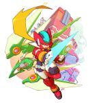  1boy armor blonde_hair boots cropped_jacket crotch_plate energy_sword full_body green_eyes hivolt_the_raptoroid holding holding_sword holding_weapon jacket long_hair mechanical_bird mechanical_wings mega_man_(series) mega_man_zx model_zx_(mega_man) open_clothes open_jacket power_armor red_armor red_footwear red_helmet red_jacket simple_background sword tomycase vent_(mega_man) weapon white_background wings 