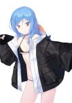  1girl animal_hood bae_minah_(chaesu) bare_shoulders bikini black_bikini black_jacket blue_hair breasts choker cleavage coffeekite collarbone cosplay gradient_eyes highres hood jacket light_blue_hair long_hair long_sleeves looking_at_viewer medium_breasts meltryllis_(fate) meltryllis_(swimsuit_lancer)_(fate) meltryllis_(swimsuit_lancer)_(fate)_(cosplay) meltryllis_(swimsuit_lancer)_(first_ascension)_(fate) multicolored_eyes navel off_shoulder original penguin_hood purple_eyes sleeves_past_fingers sleeves_past_wrists smile solo swimsuit thighs yellow_eyes 