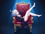  1girl :p black_dress blue_eyes blue_hair blue_jacket bra breasts dress furina_(genshin_impact) genshin_impact highres jacket lace lace_bra moovalandi sitting smile solo thighhighs throne tongue tongue_out underwear white_thighhighs 