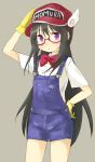  1girl :o akemi_homura baseball_cap black_hair blush bow bowtie character_name clothes_writing cosplay cowboy_shot dr._slump expressionless eyebrows_visible_through_hair glasses gloves grey_background hand_on_headwear hand_on_hip hat long_hair looking_away mahou_shoujo_madoka_magica norimaki_arale norimaki_arale_(cosplay) overalls purple_eyes red-framed_eyewear red_neckwear salute semi-rimless_eyewear shirt short_sleeves simple_background solo standing thighs tsubaki_(tatajd) under-rim_eyewear white_shirt yellow_gloves 