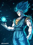  1boy aura blue_eyes blue_hair blue_pants blue_sash blue_shirt cowboy_shot dark_background dougi dragon_ball dragon_ball_super earrings energy gloves glowing highres horang4628 jewelry medium_hair muscular muscular_male orange_shirt pants potara_earrings sash shirt short_sleeves sleeveless sleeveless_shirt smirk spiked_hair super_saiyan super_saiyan_blue twitter_username vegetto white_gloves 