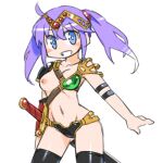  1girl ahoge armor ass_visible_through_thighs asymmetrical_clothes bikini_armor blue_eyes cannsk circlet commentary_request cowboy_shot grin groin navel one_breast_out original purple_hair sheath smile solo sword twintails weapon 