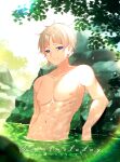  1boy abs absurdres bishounen earrings hair_between_eyes highres jewelry male_focus muscular muscular_male navel nipples onsen original solo stomach sweetmeloday topless_male water white_hair 
