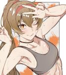  1girl blush brown_hair flat_chest headband highres library_of_ruina long_hair looking_at_viewer malkuth_(project_moon) nb8c one_eye_closed project_moon smile sports_bra sweat v yellow_eyes 