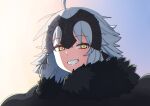 1girl absurdres ahoge black_cape cape commentary_request fate/grand_order fate_(series) fur-trimmed_cape fur_trim grey_hair grin headpiece highres jeanne_d&#039;arc_alter_(avenger)_(fate) jeanne_d&#039;arc_alter_(avenger)_(first_ascension)_(fate) jeanne_d&#039;arc_alter_(fate) looking_at_viewer nonoitou110 short_hair smile solo teeth yellow_eyes 