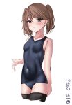  1girl :o alternate_costume black_one-piece_swimsuit black_thighhighs blush brown_eyes brown_hair covered_navel highres kantai_collection long_hair looking_at_viewer old_school_swimsuit one-piece_swimsuit ryuujou_(kancolle) school_swimsuit solo swimsuit tf_cafe thighhighs twintails 