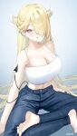  1girl bare_arms bare_shoulders barefoot blonde_hair blue_eyes breasts camisole character_request cleavage commentary copyright_request crop_top denim grin hair_over_one_eye haruri highres horns jeans large_breasts long_hair looking_at_viewer midriff mole pants pointy_ears sitting smile solo spaghetti_strap very_long_hair 