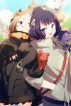  2girls abigail_williams_(fate) abigail_williams_(traveling_outfit)_(fate) back-to-back bag balloon bandaid bandaid_on_face bandaid_on_forehead belt black_bow black_jacket black_skirt blonde_hair blue_eyes blush bow breasts crossed_bandaids echo_(circa) fate/grand_order fate_(series) forehead grey_jacket hair_bow hair_bun hair_ornament high_collar hood hooded_jacket jacket katsushika_hokusai_(fate) katsushika_hokusai_(traveling_outfit)_(fate) large_breasts long_hair long_sleeves looking_at_another multiple_girls octopus open_mouth orange_belt orange_bow parted_bangs purple_hair short_hair shoulder_bag skirt sleeves_past_fingers sleeves_past_wrists small_breasts smile stuffed_animal stuffed_toy teddy_bear tokitarou_(fate) 