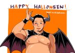  1boy :d armpit_hair armpits bara bare_pectorals big_belly blush bulge chest_harness demon_boy demon_horns demon_wings earrings english_text facial_hair fat fat_man goatee_stubble happy_halloween harness horns jewelry large_pectorals male_focus mature_male navel navel_hair nipples original pectorals plump schwinn57 short_hair sideburns smile solo stubble thick_thighs thighs upper_body waving wings 