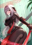  1girl abeen_jhong arm_guards armor armored_bodysuit ass bamboo bamboo_forest belt blush bodysuit breasts brown_belt brown_bodysuit energy_sword forest goddess_of_victory:_nikke grey_bodysuit grey_hair hair_intakes halo highres holding holding_sword holding_weapon japanese_armor large_breasts lightsaber long_hair looking_at_viewer looking_back mole mole_on_ass nature nose_blush official_alternate_costume orange_eyes parted_lips petals red_halo red_lightsaber scarlet_(black_shadow)_(nikke) scarlet_(nikke) solo sword thighs very_long_hair weapon 