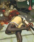  1girl artist_name ass black_footwear black_hair black_thighhighs breasts closed_mouth commentary dead_or_alive foot_out_of_frame hair_intakes high_heels high_ponytail highres howxen large_breasts long_hair looking_at_viewer lying momiji_(ninja_gaiden) ninja_gaiden nipple_slip nipples on_side patreon_username pink_lips solo stairs stone_stairs thighhighs yellow_eyes 