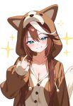  1girl ai-generated alternate_costume animal_hood blue_eyes blush breasts brown_hair cleavage e-ko_(eko00) hair_between_eyes highres hood hood_up hoodie horse_girl long_hair long_sleeves looking_at_viewer multicolored_hair pointing pointing_at_self smile solo streaked_hair tokai_teio_(umamusume) two-tone_hair umamusume white_background white_hair 