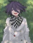  1boy 345_myk :d bush buttons checkered_clothes checkered_neckerchief checkered_scarf danganronpa_(series) danganronpa_v3:_killing_harmony double-breasted grey_jacket half-closed_eyes highres jacket long_sleeves male_focus neckerchief oma_kokichi open_mouth purple_eyes scarf smile solo upper_body 