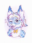 2024 anthro blue_body blue_fur blue_spots digital_drawing_(artwork) digital_media_(artwork) dipstick_ears ear_tuft fangs felid feline fur green_eyes hi_res inner_ear_fluff lynx mammal markings multicolored_ears one_eye_closed open_mouth open_smile simple_background smile solo spots spotted_body spotted_fur teeth tuft white_body white_fur wink yshanii