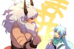  1boy 1girl asterios_(fate) black_sclera blush bracelet breasts colored_sclera dragon_girl dragon_horns echo_(circa) fate/grand_order fate_(series) green_hair horns index_finger_raised japanese_clothes jewelry kimono kiyohime_(fate) long_hair long_sleeves medium_breasts multiple_horns open_mouth red_eyes smile translation_request white_hair wide_sleeves yellow_eyes 